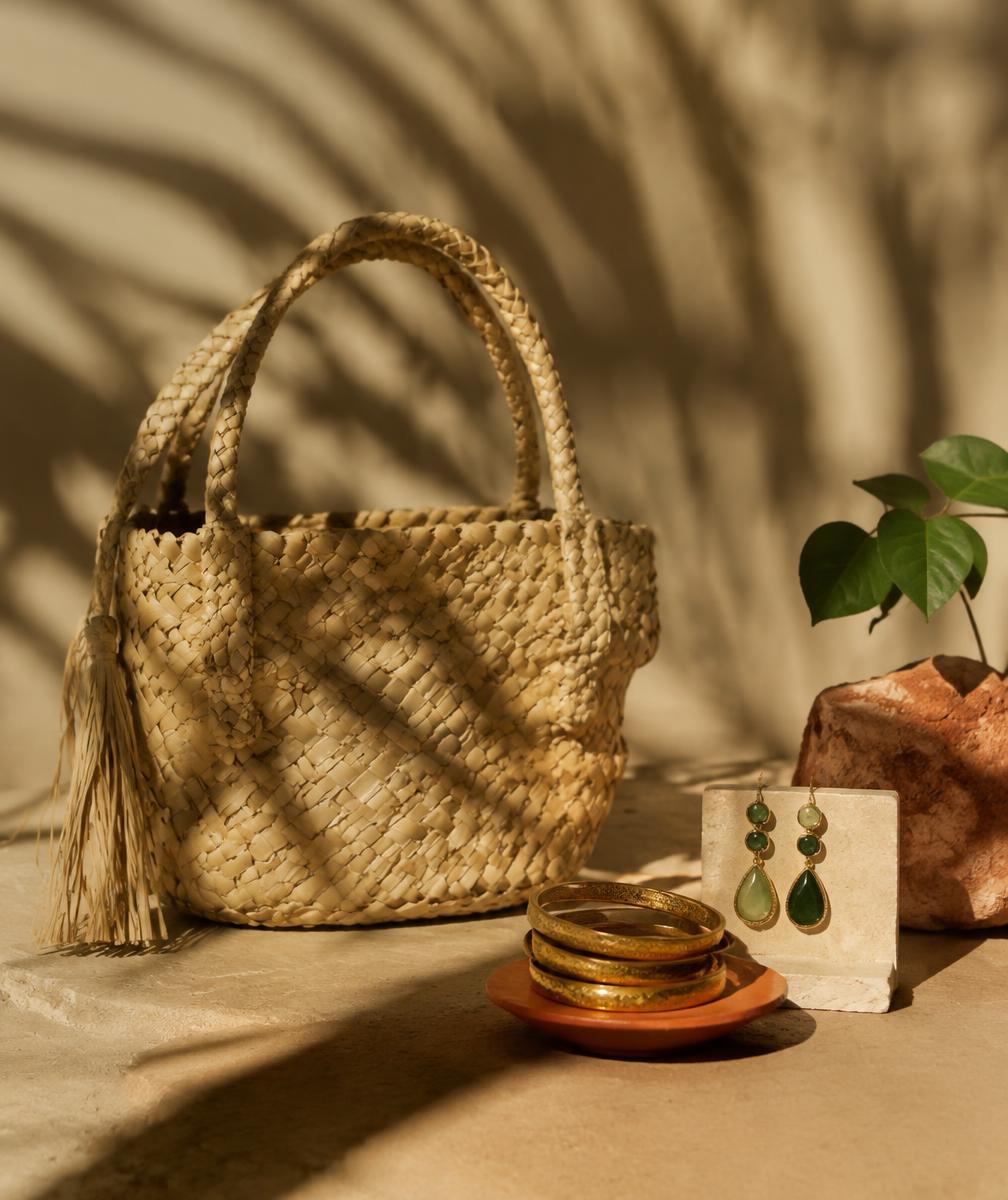 Woven palm-leaf bag, brass bangles and green gemstone earrings